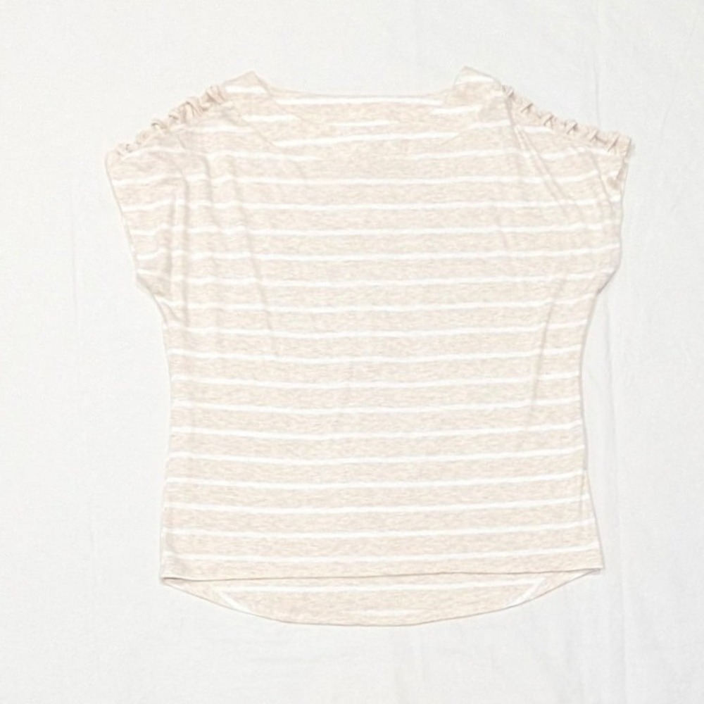 Cable & Gauge Tan White Striped Ruffle Shoulder Top Women's Large